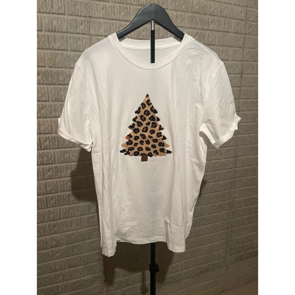 White T Shirt Leopard Print Christmas Tree Graphic Tee‎ Top Size XL